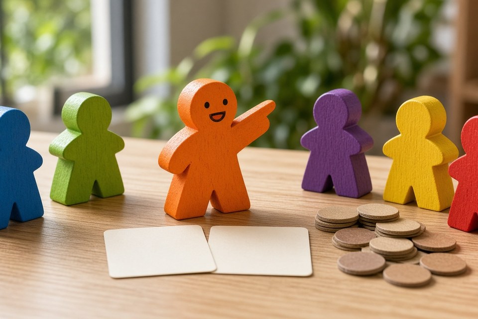 Wooden meeples arranged on an abstract background. Placeholder image, not publisher art.