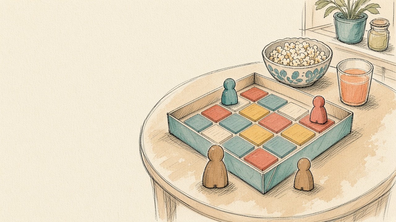 Four wooden meeples, two tall and two small, beside a colorful tile game on a warm kitchen table with cocoa and popcorn
