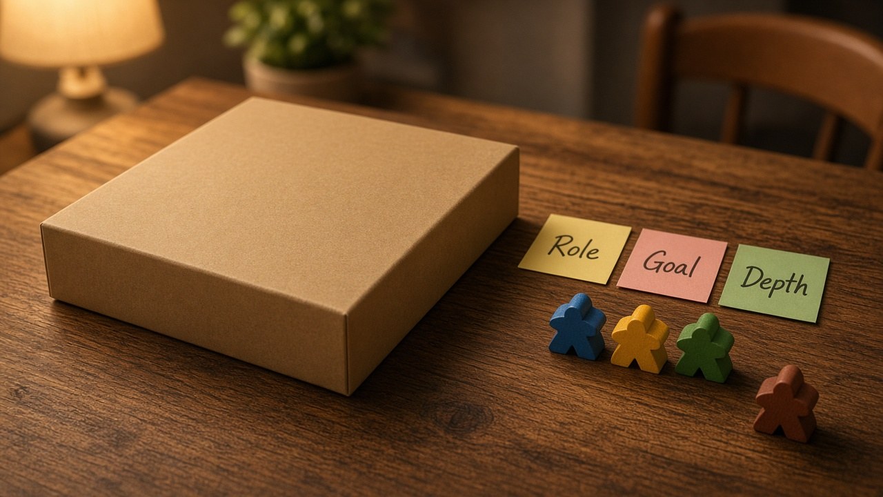 Wooden meeples beside an unopened game box and sticky notes for Role, Goal, and Depth on a warm table
