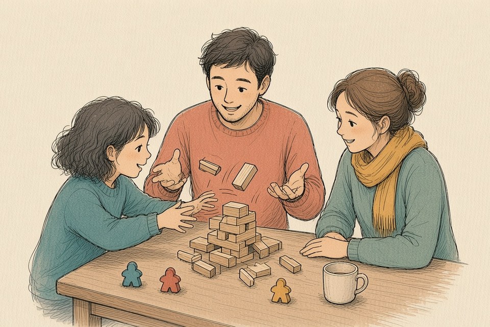 Illustration of three friends at a table staying relaxed as a wooden block tower tumbles, blocks in midair, with meeples and a mug nearby