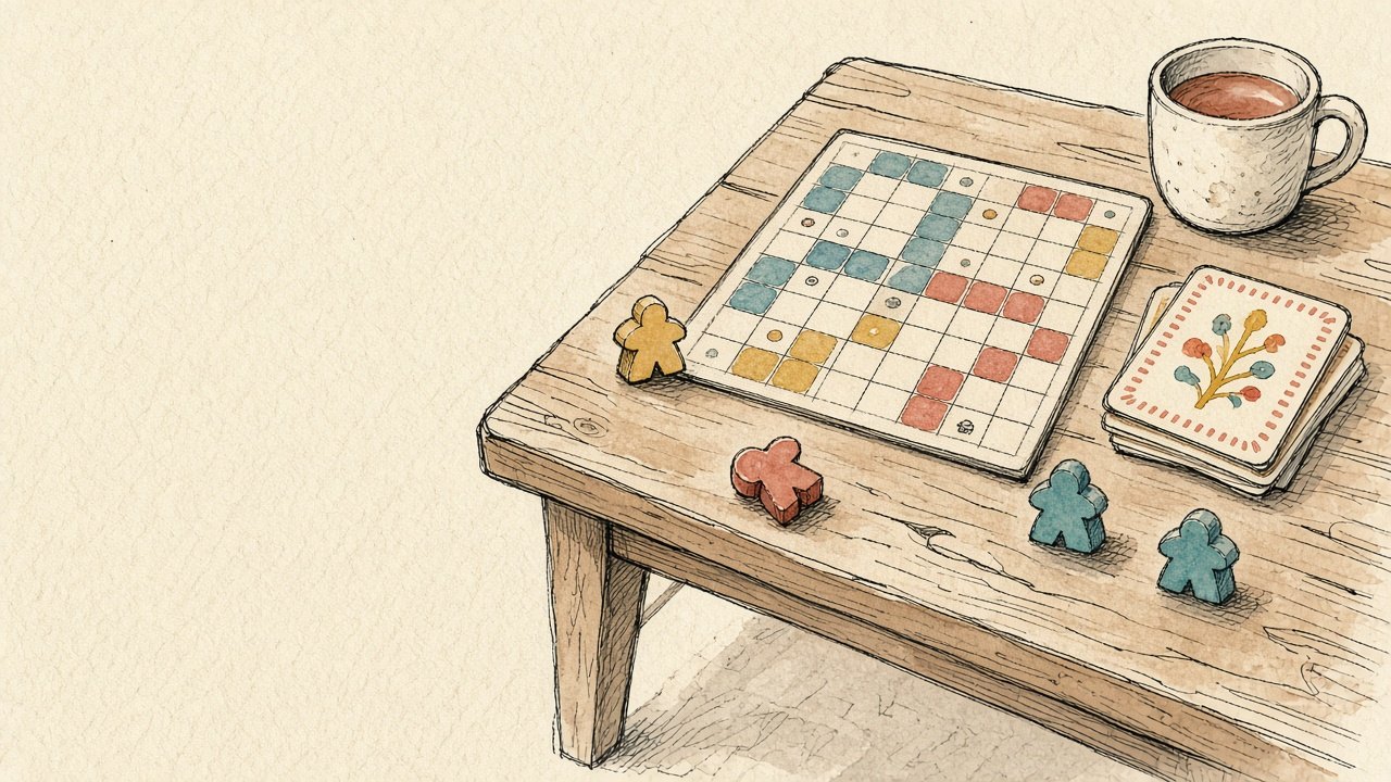 Wooden meeples at the finish of a game track while one red meeple lies tipped over a few spaces back with a blue meeple beside it