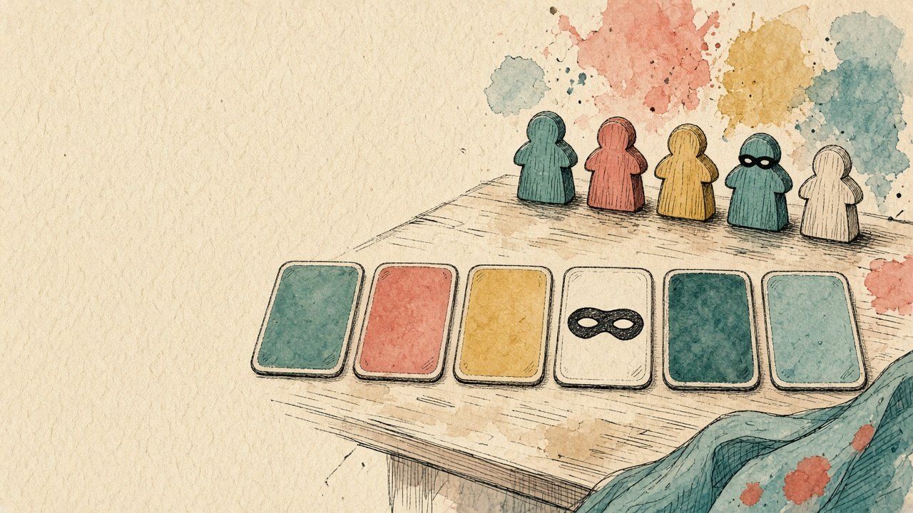 Five wooden meeples around face-down role cards on a warm table, one card turned up showing a simple mask