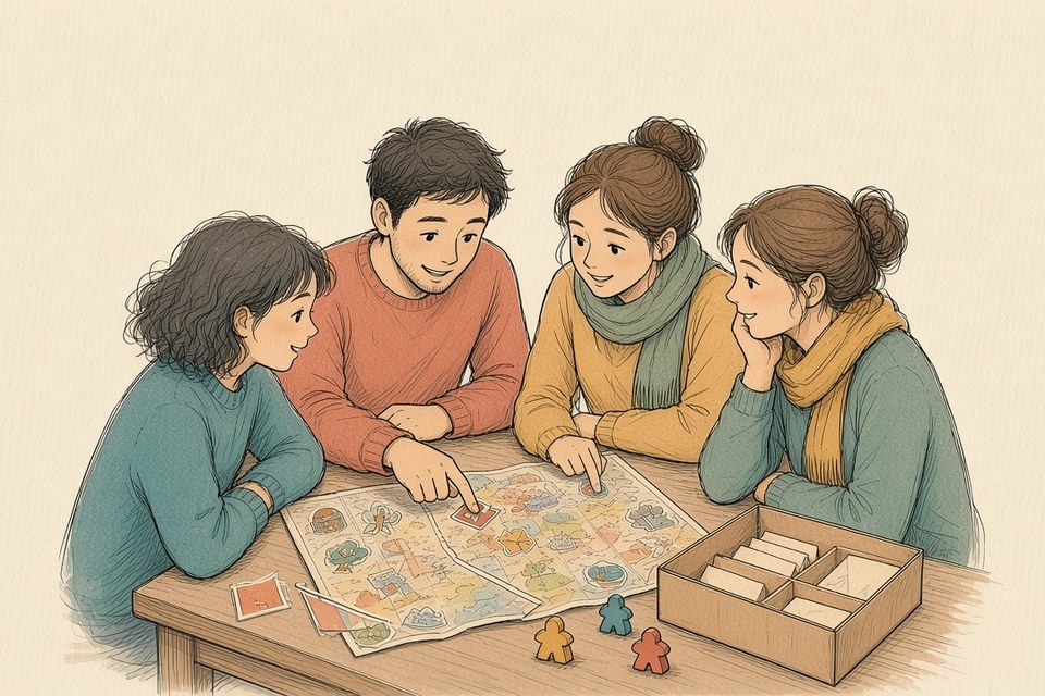Illustration of four friends at a table leaning over a campaign map covered in small stickers, one pointing at a marked spot, with an open campaign box and meeples nearby