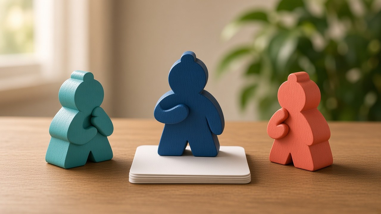 Three wooden meeples at a table; navy host stands on a neat stack of white cards while teal and coral meeples listen calmly