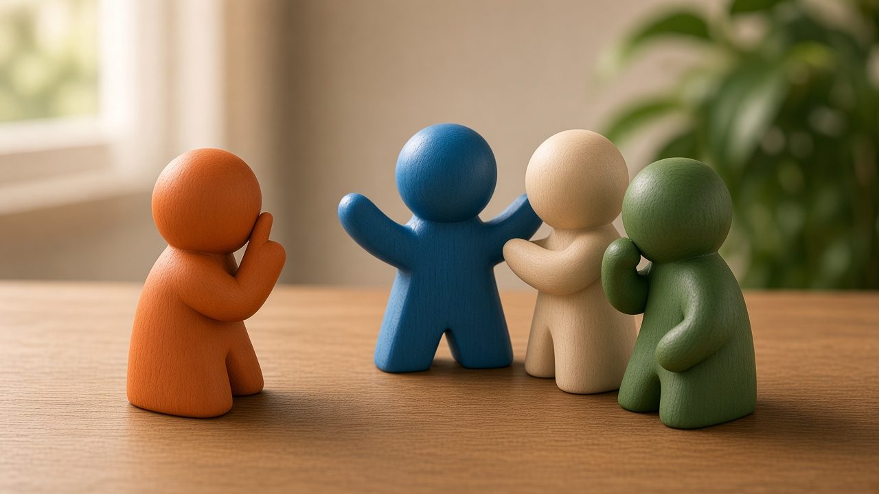 Orange wooden meeple quietly shushing a small group of other meeples at the table