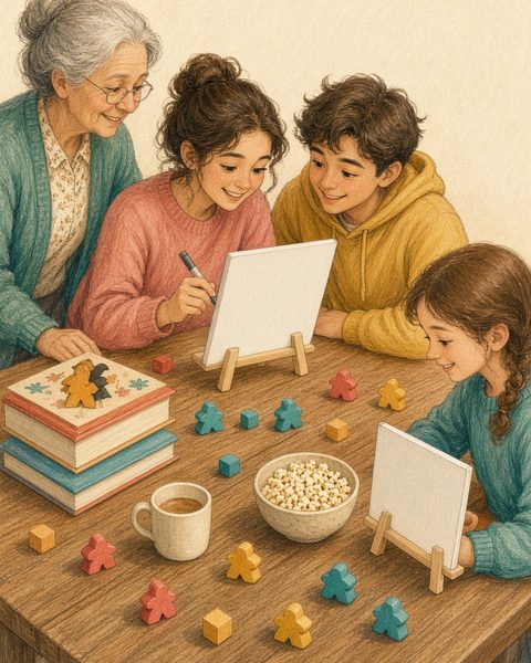 Hand-drawn pastel scene of a family at a game table. Two players lean together over one small blank easel, sharing a marker, while others hold their own easels. Popcorn, a mug, meeples and small cubes on the table.
