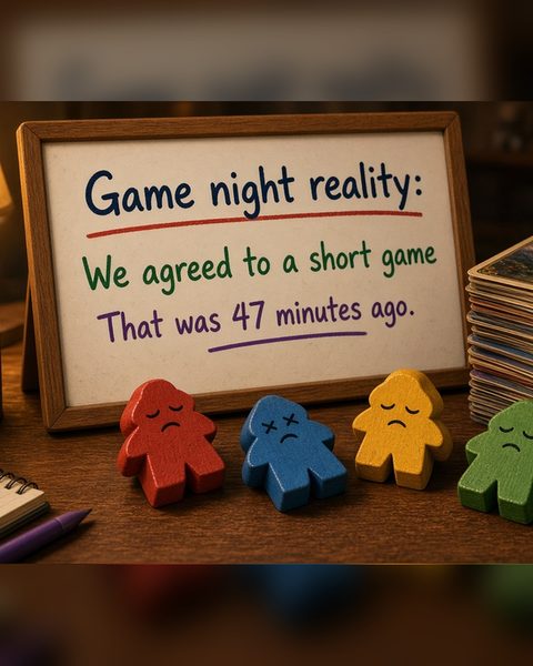 Whiteboard on a game table reading Game night reality: We agreed to a short game. That was 47 minutes ago. Four tired wooden meeples sit in front of it beside an hourglass.