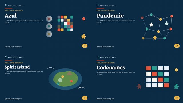 Game guide covers for Azul, Pandemic, Spirit Island and Codenames