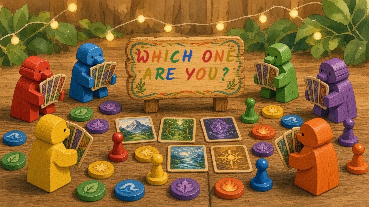 Wooden meeples gathered around a colorful game table